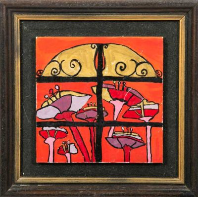 אריח מצוייר ביד, ממוסגר במסגרת עץ. אריח קרמיקה מצוייר בעבודת יד, 
בדוגמת סורגי שער או חלון, על 