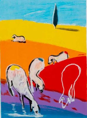 מנשה קדישמן (1932-2015) - כבשים שותות. מנשה קדישמן / כבשים שותות 
ליטוגרפיה ססגונית נדירה, 
ממוסגרת 