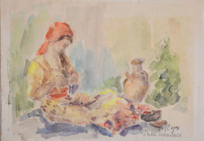 ריקה שווימר (1910-2014) - נערה יושבת 
אקוורל על נייר, 
עבודה מוקדמת, ישנה מאד, של ריקה שווימר. 
. 