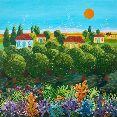 גליה רון (נ. 1966) - החיים במושב. גליה רון / החיים במושב 
ציור נאיבי, 
אקריליק על קנבס מתוח, 
מידות 