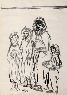 צילה נימן (1911-1977) - משפחה במעברה. צילה נימן / משפחה במעברה 
רישום על נייר, חתום. 
34/47 ס"מ