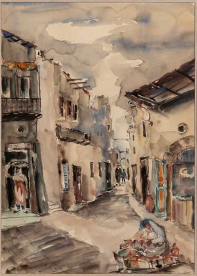 נחמיה שטנצל (1904 - 1991) - סימטה בצפת. נחמיה שטנצל / סימטה בצפת 
אקוורל על נייר, 
חתום, ממוסגר 