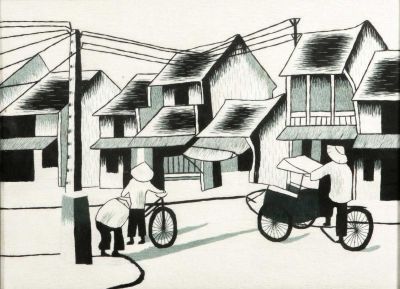 לא ידוע - דמויות ברחוב וייטנאמי. ציור וייטנאמי בגווני אפור, 
בטכניקה של רקמה עדינה וצפופה מאד. 