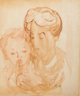 צילה נימן (1911-1977) - אם ובנה . צילה נימן / אם ובנה (הציירת ובנה) 
אקוורל על נייר, 
ממוסגר ומחופה 