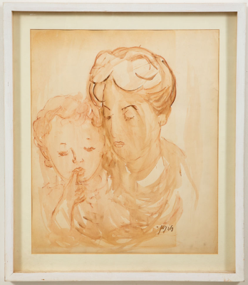 צילה נימן (1911-1977) - אם ובנה . צילה נימן / אם ובנה (הציירת ובנה) 
אקוורל על נייר, 
ממוסגר ומחופה 