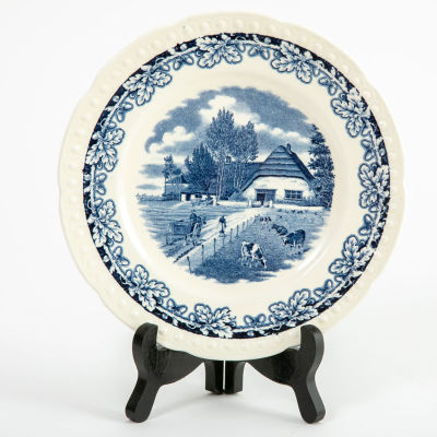 Societe Ceramic Maestricht הולנד - צלחת פורצלן כחול לבן. צלחת הולנדית מעוטרת בהדפס נוף כפרי בכחול 