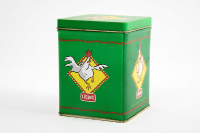 Liebig צרפת - קופסת פח ירוקה עם הדפס תרנגול . קופסת פח משנות ה-60, 
לקוביות אבקת מרק עוף 
7/10 ס"מ 