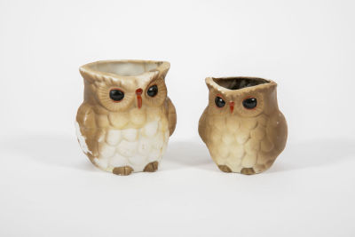 צמד ינשופוני פורצלן. שתי כוסיות מעוצבות כינשופים, 
תוצרת טיוואן, 
ובתוכן שרידי נרות. 
גובה 5.5 ו 