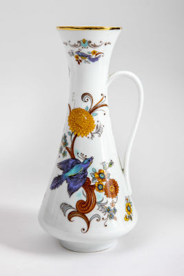 Royal Porzellan Bavaria KPM גרמניה - אגרטל דמוי קנקן, עם ידית, . מעוטר בציפורים ופרחים, 
וינטג' 