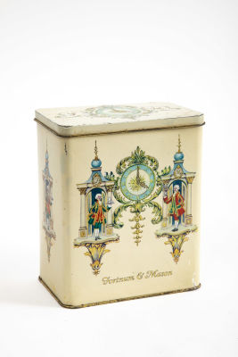 Fortnum & Mason אנגליה - קופסת תה עשויה פח, עם מכסה נפתח על ציר. 12.5/8 ס"מ, גובה 15.5 ס"מ