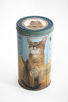 Royal Canin - קופסת פח בהדפס חתול מצרי והירוגליפים . קוטר 12.5 ס"מ, גובה 23 ס"מ