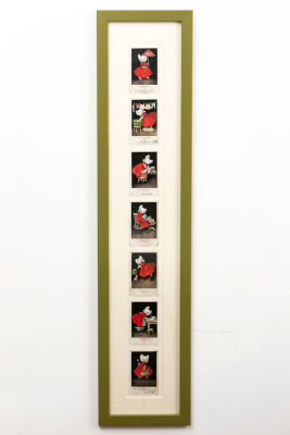 7 גלויות עתיקות של עקרת הבית הקטנה, ממוסגרות. גלויות מראשית המאה הקודמת, 
גלויה לכל יום בשבוע 