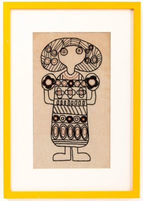 תמונה רקומה בעבודת יד, בסגנון דני מינימליסטי, . ממוסגרת במסגרת עץ צהובה ומחופה בזכוכית.