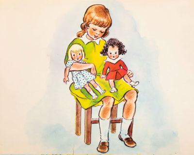 הדפס ישן של ילדה ובובות . 23/33 ס"מ 
מוצמד לקרטון, לא ממוסגר