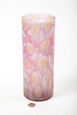 אגרטל צילינד מזכוכית צבעונית "זכוכית בת שבע", . מידות 10x27 ס"מ