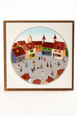 Villeroy & Boch - כיכר העיירה - אריח עם גב עץ, לסירים חמים . ציור נאיבי של האומן G&eacute;rard Laplau 