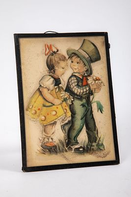 תמונה של שני ילדים בסגנון Hummel. ממוסגרת בחזית זכוכית וגב קרטון, 
מידות 11x15 ס"מ