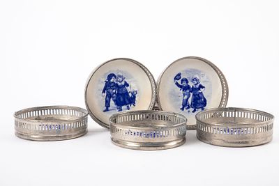 סט של 6 תחתיות לכוסות, פורצלן במסגרת מתכת, בעיטור הדפסי ילדים בכחול קובלט, . 8x2.5 ס"מ