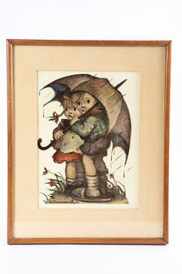 M.I.Hummel - שני ילדים ומטריה. הדפס ממוסגר