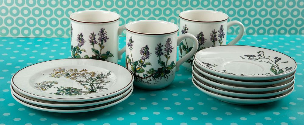 Villeroy & Boch לוכסמבורג - סט בוטניקה. 3 ספלים 
5 תחתיות בקוטר 14.5 ס"מ 
3 צלחות עוגה בקוטר 17 ס"מ