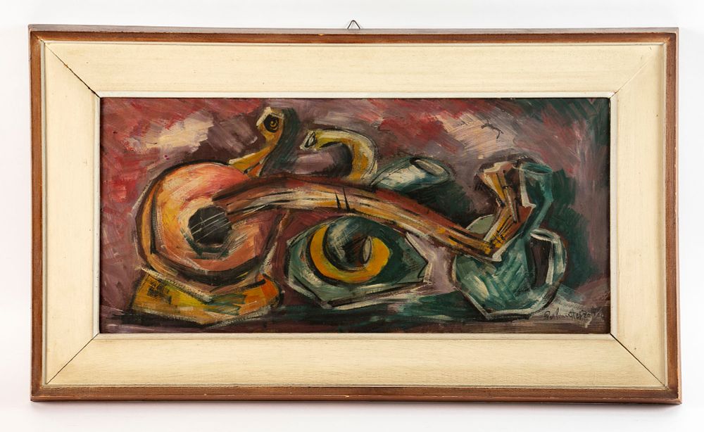 זולטן פרלמוטר (1922-2002) - מנדולינה. שמן על לוח, 
חתום וממוסגר, 
מידות המסגרת 77x44 ס"מ