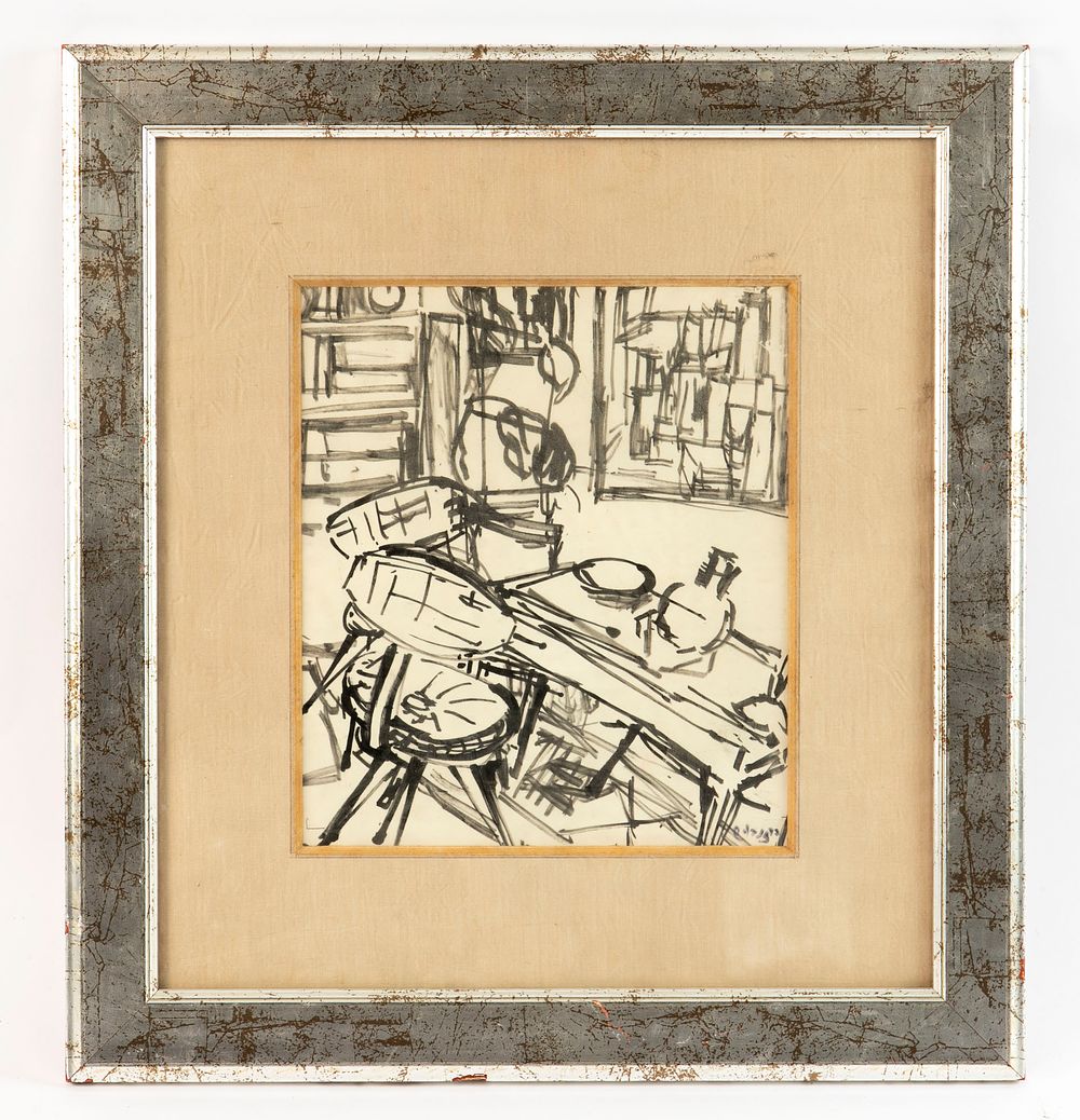 יעקב רוזנבוים (1924-2015) - פנים חדר. רישום אקוורל על נייר, 
ממוסגר וחתום, 
מידות המסגרת 45x48 ס"מ