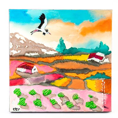 עודד פיינגרש (נ. 1938) - נוף בגולן עם חסידה. שמן על בד