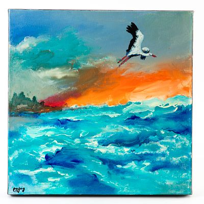 עודד פיינגרש (נ. 1938) - חסידה מעל הים התיכון. שמן על בד