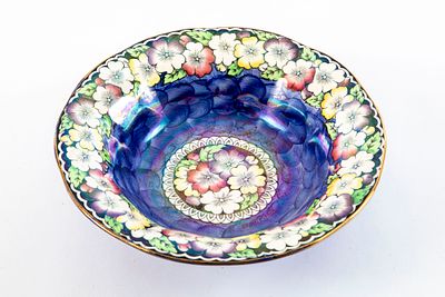 Maling אנגליה - קערת פרחים, סביבות 1935, עיטור thumb print כחול. מידות 23x6 ס"מ