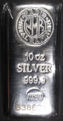 (1) 10 OZ .999 SILVER NMR BAR. WEEKLY COIN & CURRENCY AUCTIONS ESTIMATE $300 - $350.