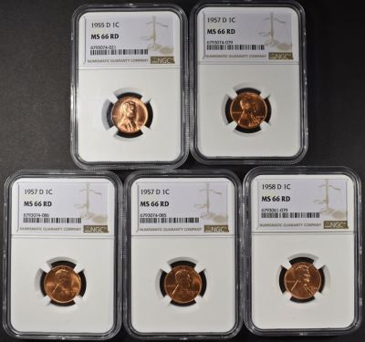 COLLECTORS LOT GRADED WHEAT CENTS. (1) 1955-D LINCOLN CENT NGC MS66 RD, (3) 1957-D LINCOLN CENT 