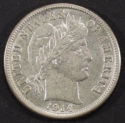 1914 BARBER DIME AU. CHECK OUT OUR UPCOMING AUCTIONS ESTIMATE $75 - $100.