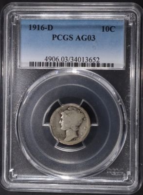 1916-D MERCURY DIME PCGS AG-3. BID WITH SILVER CITY AUCTIONS ESTIMATE $800 - $900.