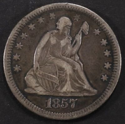 1857-O SEATED LIBERTY QUARTER VF/XF. TOP RATED AUCTION HOUSE ESTIMATE $200 - $250.