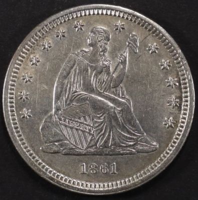 1861 SEATED LIBERTY QUARTER AU/BU. WEEKLY COIN & CURRENCY AUCTIONS ESTIMATE $400 - $450.