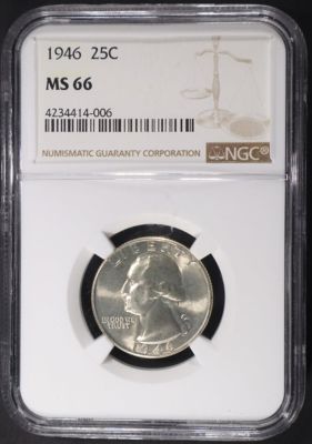 1946 WASHINGTON QUARTER NGC MS-66. LEADERS IN ON-LINE AUCTIONS ESTIMATE $75 - $100.