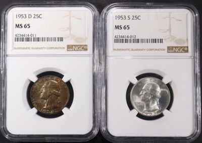 1953-D & 53-S WASHINGTON QUARTERS NGC MS-65. TOP RATED AUCTION HOUSE ESTIMATE $75 - $100.