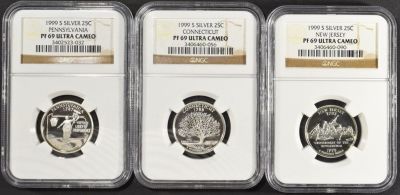 (3) 1999-S SILVER QUARTERS NGC PF 69 UCAM. NEW JERSEY ,CONNECTICUT,PENNSYLVANIA ESTIMATE $120 - $150.