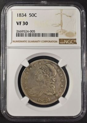 1834 CAPPED BUST HALF DOLLAR NGC VF30. LEADERS IN ON-LINE AUCTIONS ESTIMATE $100 - $150.
