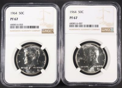 (2) 1964 PROOF KENNEDY HALF DOLLARS NGC PF67. TOP RATED AUCTION HOUSE ESTIMATE $100 - $150.
