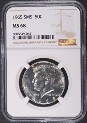 1965 SMS KENNEDY HALF DOLLAR NGC MS68. TOP RATED AUCTION HOUSE ESTIMATE $180 - $230.