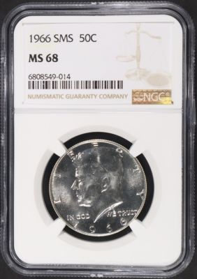 1966 SMS KENNEDY HALF DOLLAR NGC MS68. CHECK OUT OUR UPCOMING AUCTIONS ESTIMATE $160 - $210.