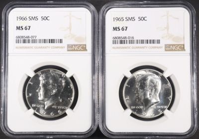 1965 & 1966 SMS KENNEDY HALF DOLLARS NGC MS67. CHECK OUT OUR UPCOMING AUCTIONS ESTIMATE $100 - $150.