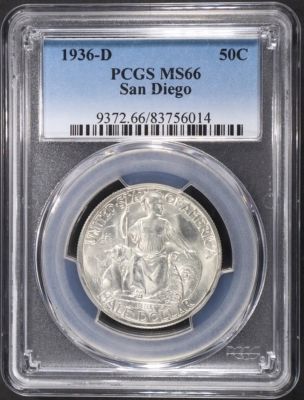 1936-D SAN DIEGO COMMEM HALF DOLLAR PCGS MS 66. CHECK OUT OUR UPCOMING AUCTIONS ESTIMATE $300 - $350.