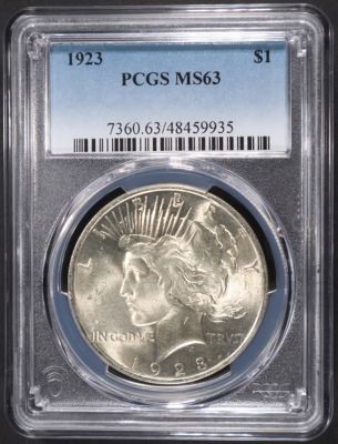 1923 PEACE DOLLAR PCGS MS63. WEEKLY COIN & CURRENCY AUCTIONS ESTIMATE $75 - $100.