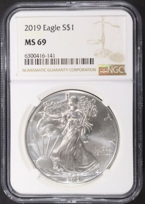 2019 AMERICAN SILVER EAGLE, NGC MS-69. CHECK OUT OUR UPCOMING AUCTIONS ESTIMATE $75 - $100.