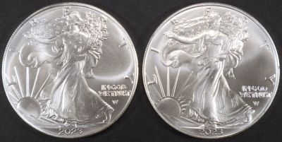 (2) 2023 AMERICAN SILVER EAGLES. WEEKLY COIN & CURRENCY AUCTIONS ESTIMATE $80 - $120.
