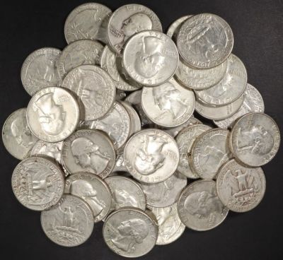 (40) 90% SILVER WASHINGTON QUARTERS. LEADERS IN ON-LINE AUCTIONS ESTIMATE $200 - $250.