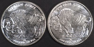 (2) 1 OZ .999 SILVER BUFFALO DESIGN ROUNDS. LEADERS IN ON-LINE AUCTIONS ESTIMATE $80 - $120.