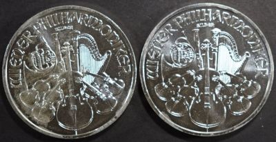 (2) 1 OZ .999 SILVER AUSTRIAN PHILHARMONIC ROUNDS. WEEKLY COIN & CURRENCY AUCTIONS ESTIMATE $80 